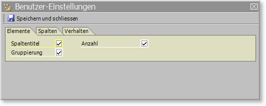 Ansicht Kopfbereich Benutzereinstellungen, Elemente